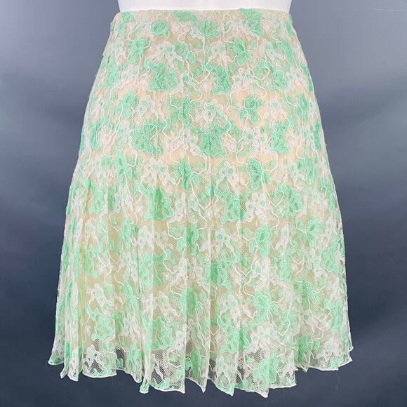 CHRISTOPHER KANE Size 6 Green Cream Silk Pleated Above Knee Skirt - Picture 3 of 6
